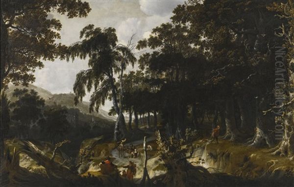 A Wooded Landscape With Travellers And Huntsmen On A Path Oil Painting by Jan Looten