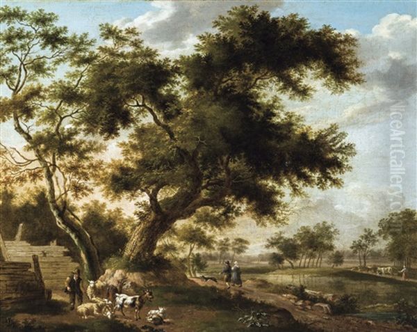 Paysage Anime Avec Promeneurs Et Gardeurs De Troupeau Oil Painting by Jan Looten