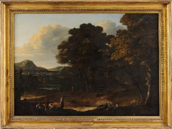 An Extensive Classical Landscape, Figures And Cattle At The Edge Of A Wood In The Foreground With A Distant View With A River And Town Beyond Oil Painting by Jan Looten