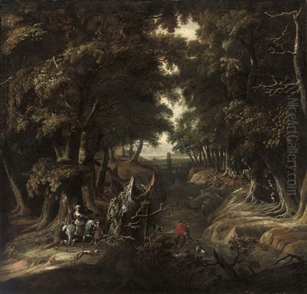 A Wooded River Landscape With An Elegant Hunting Party Oil Painting by Jan Looten