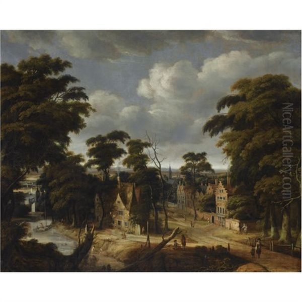 A View Of A Village In A Forest Landscape, With An Inn On The Banks Of A River And Figures Bathing On The Left, Other Figures On A Path by Jan Looten