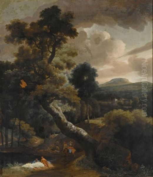 A Wooded River Landscape With Several Men Bathing, Travellers On A Path To The Left, A Fisherman In A Boat In The Foreground, A View Of A Town Beyond Oil Painting by Jan Looten