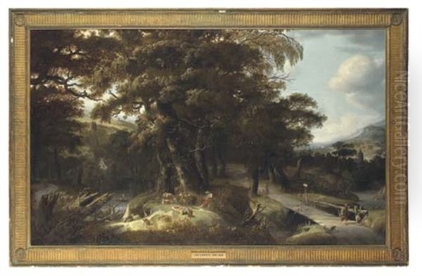 An Extensive River Landscape With Sportsmen And Travellers Oil Painting by Jan Looten