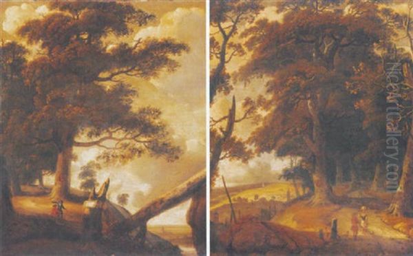 A Wooded Landscape With Travellers On A Path, Cottages Beyond Oil Painting by Jan Looten