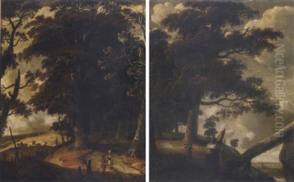 A Wooded Landscape With Travellers Conversing On A Hill, A Church Spire Beyond Oil Painting by Jan Looten