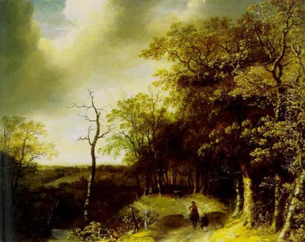 A Wooded Landscape With Travellers On A Path With A Huntsman Taking Aim In The Foreground Oil Painting by Jan Looten