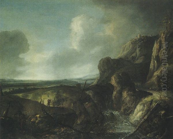 A Mountainous River Landscape With Travellers On A Path Overlooking A Waterfall, A Ruined Castle On An Outcrop Beyond Oil Painting by Jan Looten