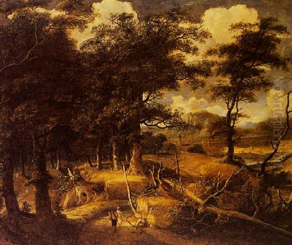 An Extensive Wooded Landscape With Travellers On A Path Oil Painting by Jan Looten