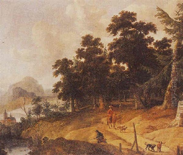 A Wooded Landscape With Huntsmen On A Path, A View Of A River And Mountains Beyond Oil Painting by Jan Looten