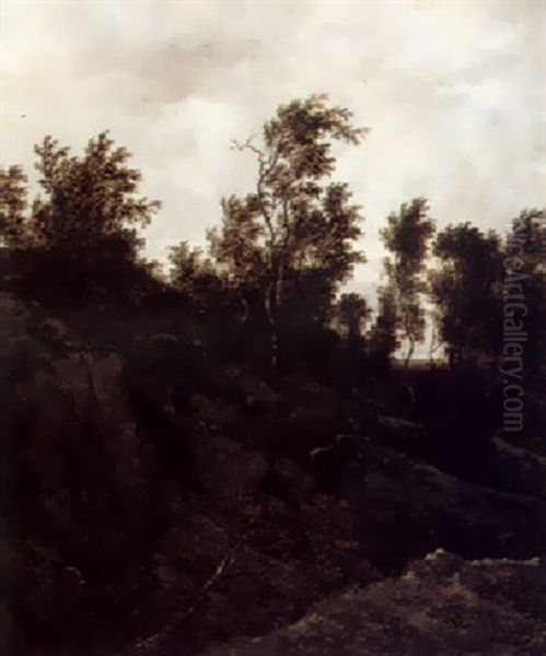 A Wooded Landscape With A Huntsman And A Woodcutter Oil Painting by Jan Looten