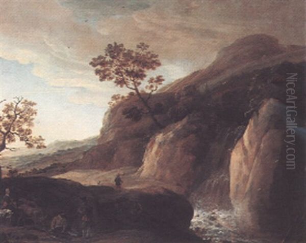 Rocky River Landscape With Herders And Cattle Beside A Waterfall Oil Painting by Jan Looten