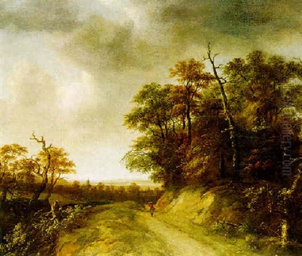 A Wooded Landscape With A Woman On A Path, A Town Beyond Oil Painting by Jan Looten