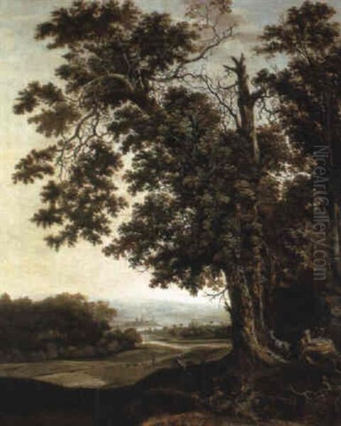 A Wooded River Landscape With Goats Grazing Oil Painting by Jan Looten