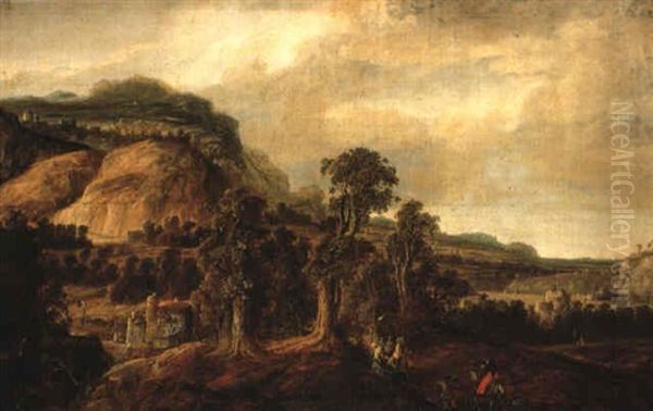 A Mountainous Landscape With Travellers And Cavalrymen On A Road Oil Painting by Jan Looten