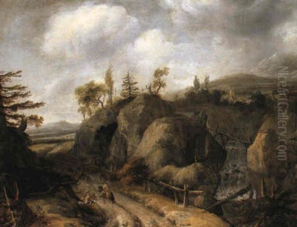 A Rocky Landscape With A Waterfall And A Beggar Oil Painting by Jan Looten