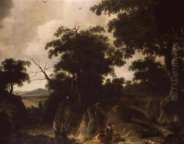 Bergers Au Repos Au Bord D'un Chemin Oil Painting by Jan Looten