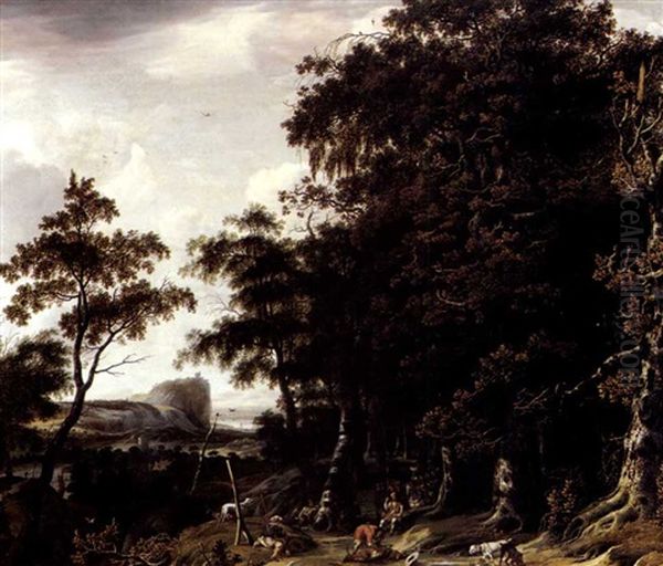 Huntsmen In A Wooded Landscape Oil Painting by Jan Looten