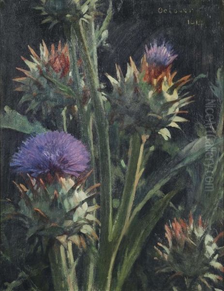 Artichoke Flowers Oil Painting by Jacobus Van Looy