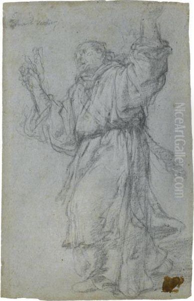 A Monk Turning Towards The Left, His Arms Raised Oil Painting by Giulio Benso