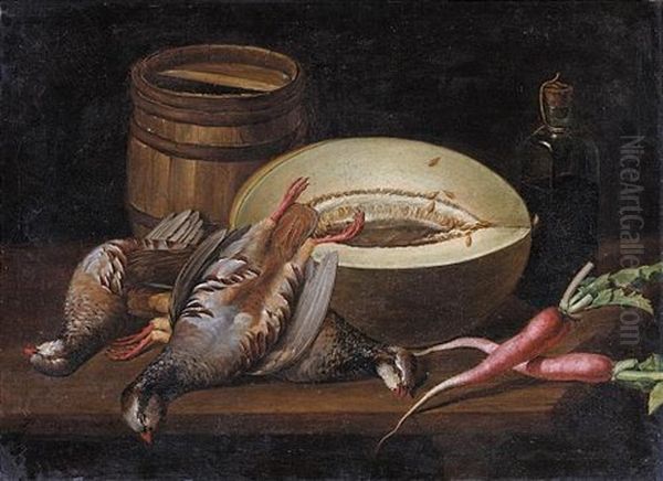 Still Life With A Melon, Radishes, Partridges, A Small Barrel And A Bottle Of Wine On A Wooden Table Oil Painting by Jose Lopez Enguidanos