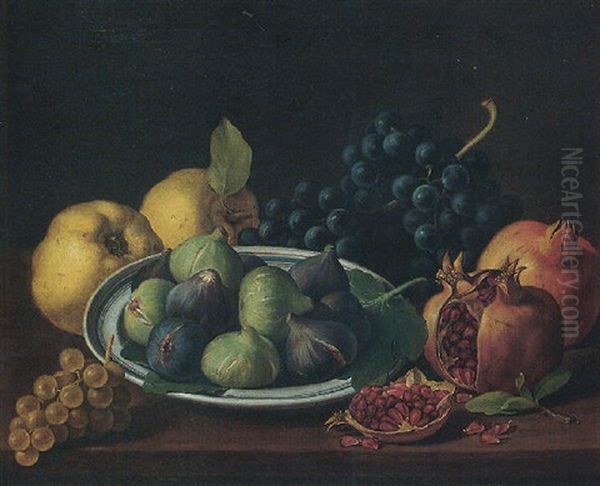 Still Life Of Figs In A Ceramic Bowl, Together With Pomegranates, Grapes And Apples On A Wooded Tabletop Oil Painting by Jose Lopez Enguidanos