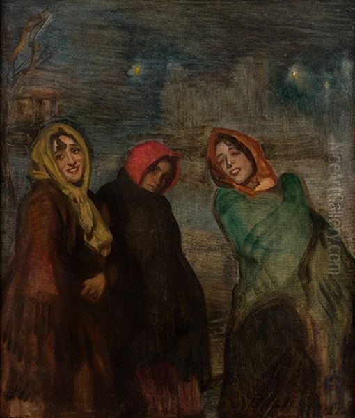 Tres Jovenes En La Noche Oil Painting by Jose Maria Lopez Mezquita