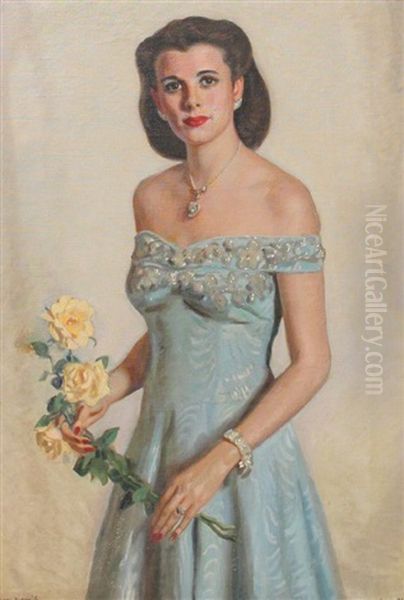 Cuban Beauty In A Blue Dress Holding Yellow Roses Oil Painting by Jose Maria Lopez Mezquita