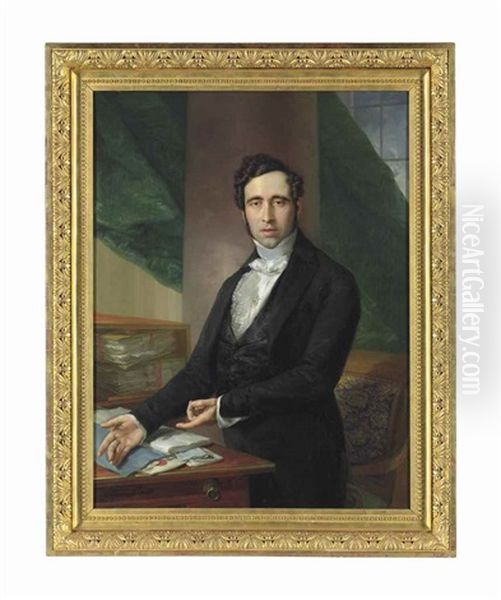 Portrait Of A Gentleman, Half-length, In A Black Silk Waistcoat And A Jacket, With A White, Ruffled Shirt And A Diamond Brooch, Gesturing Towards An Open Book On A Table Oil Painting by Vicente Lopez y Portana