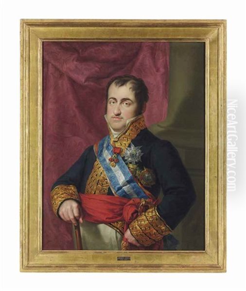 Portrait Of King Ferdinand Vii Of Spain (1748-1833), Half-length, In The Uniform Of Capitan General, Wearing The Order Of The Golden Fleece, Before A Draped Curtain Oil Painting by Vicente Lopez y Portana