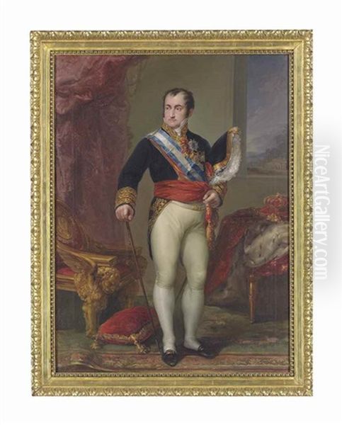 Portrait Of King Ferdinand Vii Of Spain (1784-1833), Small Full-length, In The Uniform Of Capitan General, Wearing The Order Of The Golden Fleece And Other Orders, Before A Draped Table With The Spanish Regalia Oil Painting by Vicente Lopez y Portana