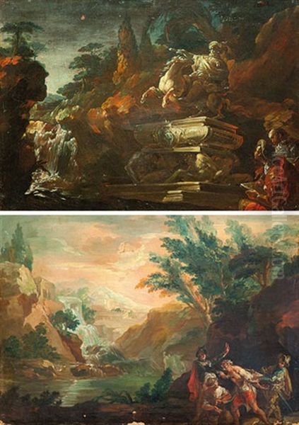 Paisaje De Lago Y Cascada Con Escena De Bandidos Y Figura Ecuestre En Un Paisaje (2 Works) Oil Painting by Vicente Lopez y Portana