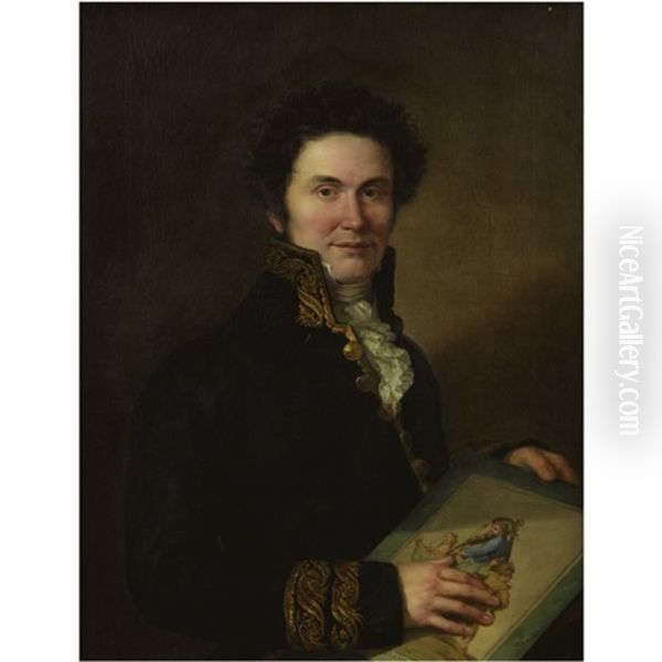 Portrait Of A Gentleman, Dressed In Military Tunic, Holding A Portfolio Of Illustrations Oil Painting by Vicente Lopez y Portana