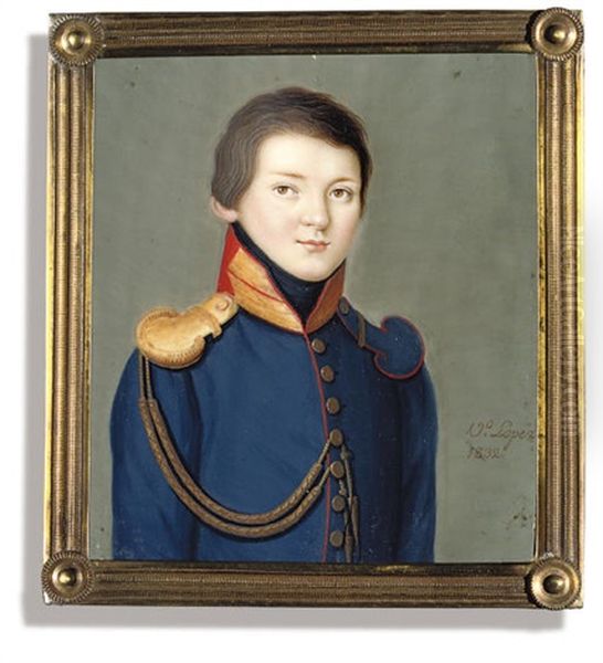 A Boy, In Red-piped Blue Uniform, Gold Embroidered Red Collar, Gold Epaulette And Anguillette Oil Painting by Vicente Lopez y Portana