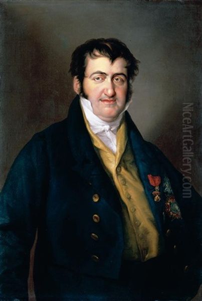 Portrait Of King Ferdinand Vii, In Casual Attire, Wearing The Badge Of The Order Of The Golden Fleece And The Stars Of The Orders Of Charles Iii And Isabel La Catolica Oil Painting by Vicente Lopez y Portana