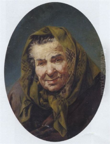 Portrait Of An Elderly Lady, Head And Shoulders, In A Dark Green Head-scarf And Brown Coat Oil Painting by Vicente Lopez y Portana