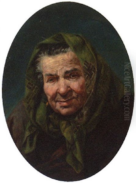 Portrait Of An Elderly Lady In A Dark Green Head-scarf And Brown Coat Oil Painting by Vicente Lopez y Portana