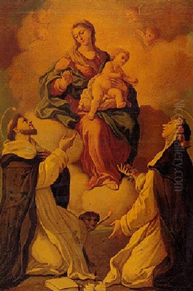 The Virgin And Child Appearing To Saint Dominic And Saint Rosa Of Lima by Vicente Lopez y Portana