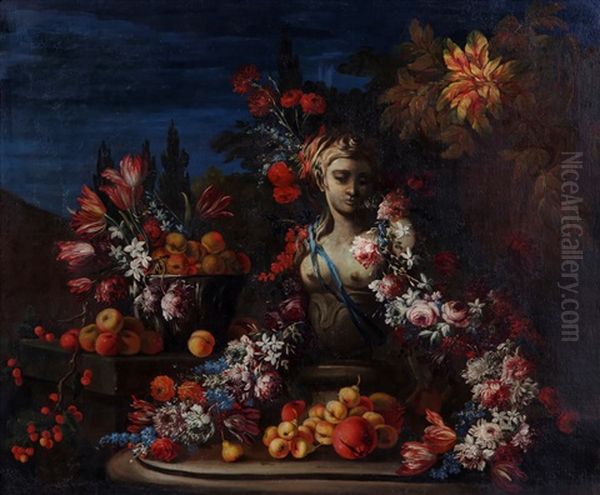 Nature Morte Aux Fleurs, Fruits Et Buste Oil Painting by Gasparo Lopez