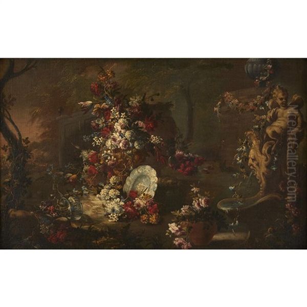 Outdoor Still Life With Mixed Flowers And A Sculpted Putto Fountain Oil Painting by Gasparo Lopez