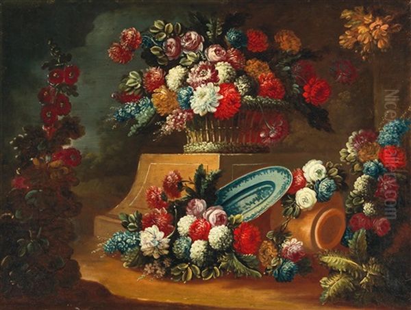 A Still Life Of Flowers In A Landscape Oil Painting by Gasparo Lopez