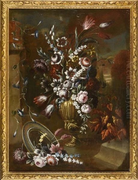 Bouquet De Fleurs Dans Un Vase, Pres D'une Fontaine ; Bouquet De Fleurs Dans Un Vase Devant Un Paysage (2 Works) Oil Painting by Gasparo Lopez