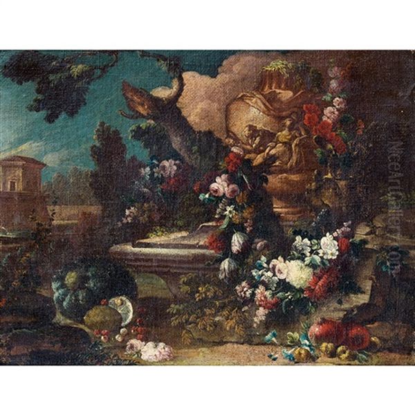 Jetee De Fleurs Devant Une Fontaine Oil Painting by Gasparo Lopez