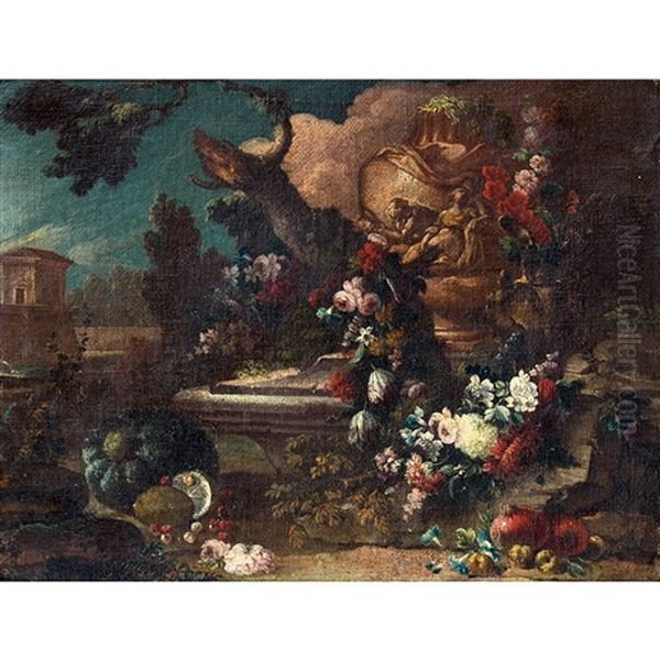 Jetee De Fleurs Devant Une Fontaine Oil Painting by Gasparo Lopez