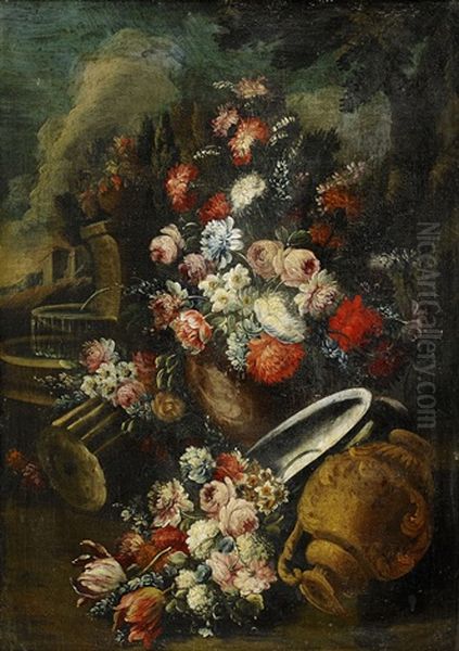 Flower Still Life With A Fountain Oil Painting by Gasparo Lopez