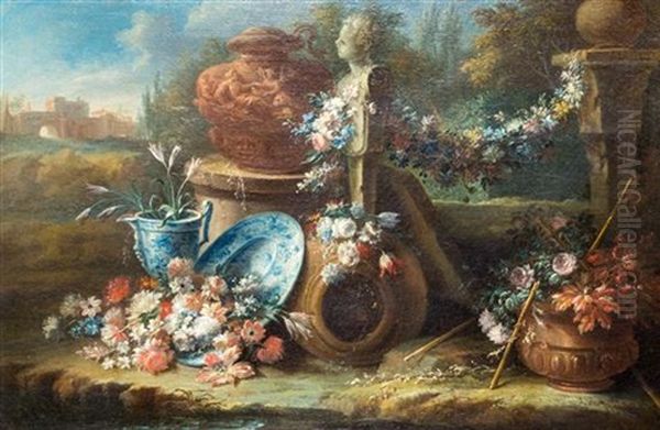 Classical Italianate Still Life Landscapes, C. 1685 (a Pair Of Works) Oil Painting by Gasparo Lopez