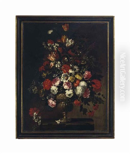 Roses, Hydrangea, Tulips And Other Flowers In An Urn Sitting On A Table Oil Painting by Gasparo Lopez