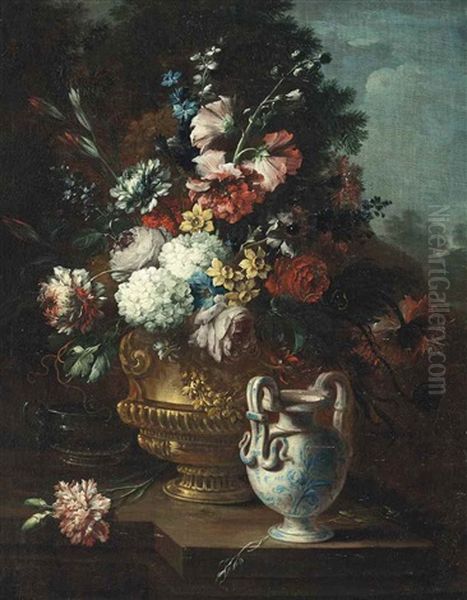 Roses, Carnations, Peonies, Hydrangeas And Other Flowers In A Bronze Urn On A Stone Ledge With Other Vases, A Landscape Beyond Oil Painting by Gasparo Lopez