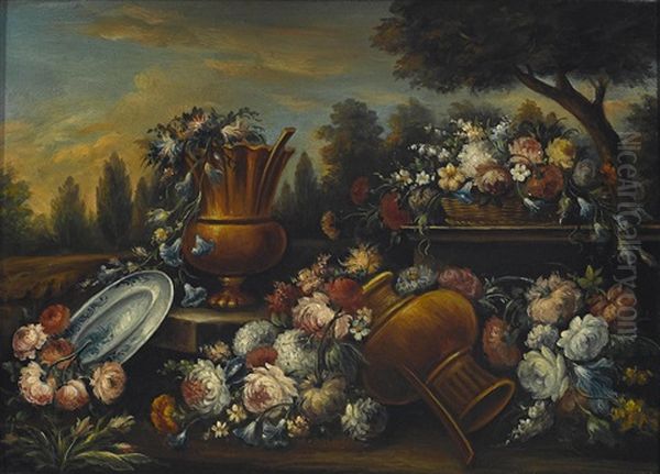 Flowers, Vases And A Parrot In A Landscape; Flowers And Urns In A Landscape (a Pair) Oil Painting by Gasparo Lopez