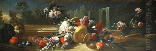 A Floral Still Life With A Watermelon In A Garden Landscape; A Floral Still Life With Fruit In A Garden Landscape (a Pair) Oil Painting by Gasparo Lopez