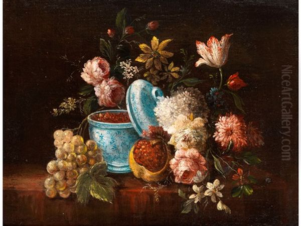 Stillleben Mit Sommerblumen, Trauben, Granatapfel Und Deckelschale Mit Fruchten Oil Painting by Gasparo Lopez